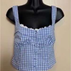NWT THIRTY THIRTY LA Blue White Gingham Cropped Sleeveless Button Blouse XL